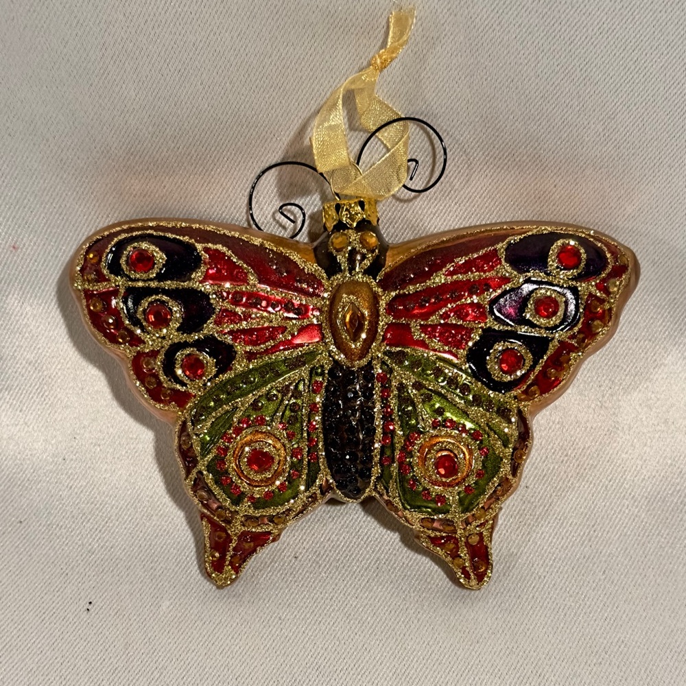 Vintage Blown Glass Butterfly Glitter Coquette Christmas Ornament
